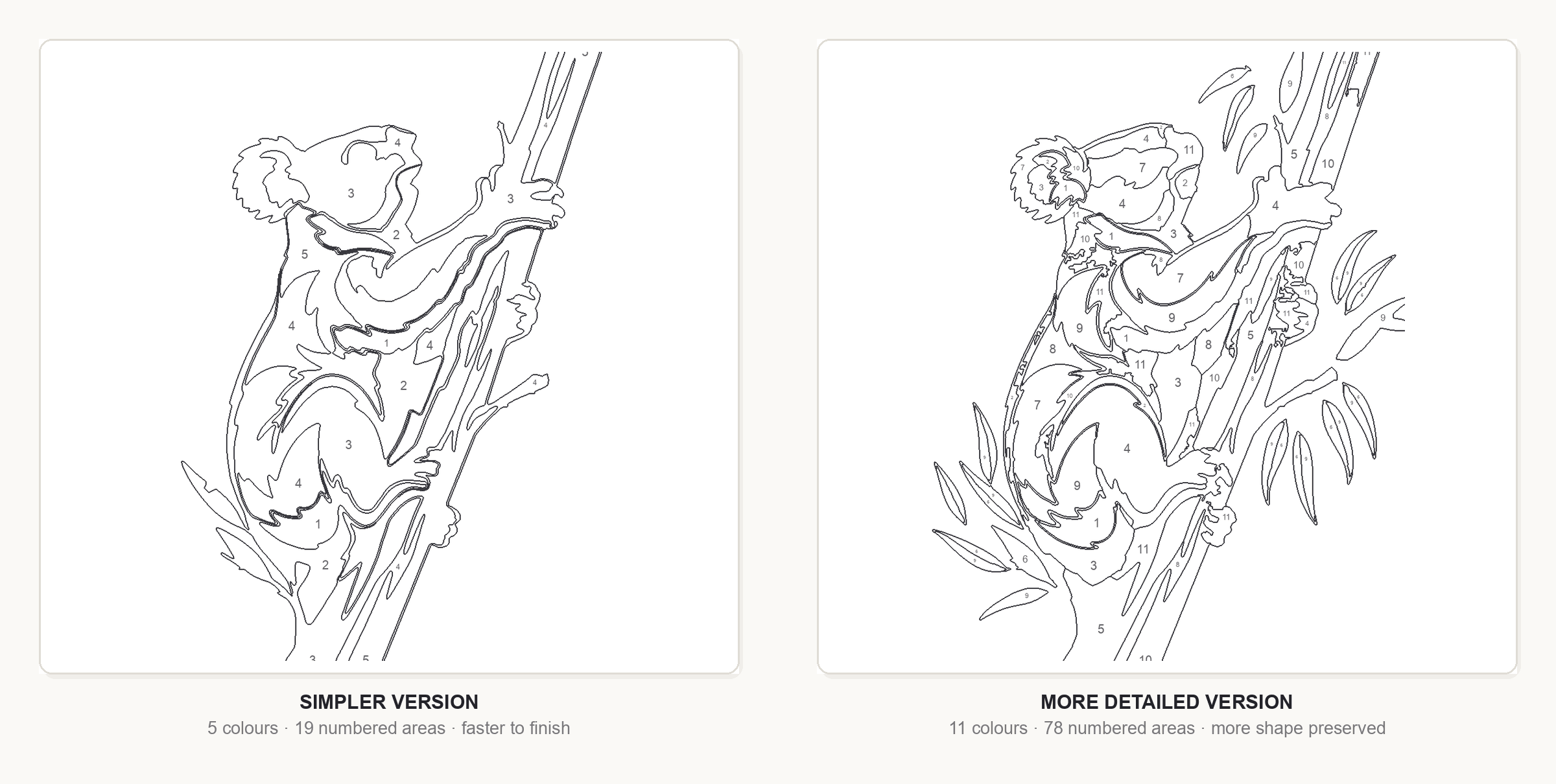 The same image as a simpler color-by-number page and as a more detailed one