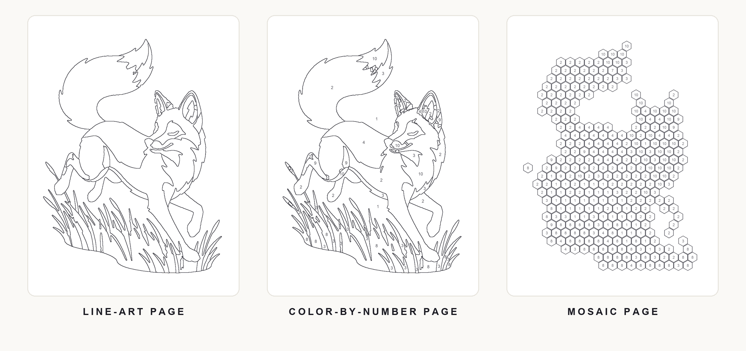 The same subject transformed into line-art, color-by-number, and mosaic-style coloring page formats