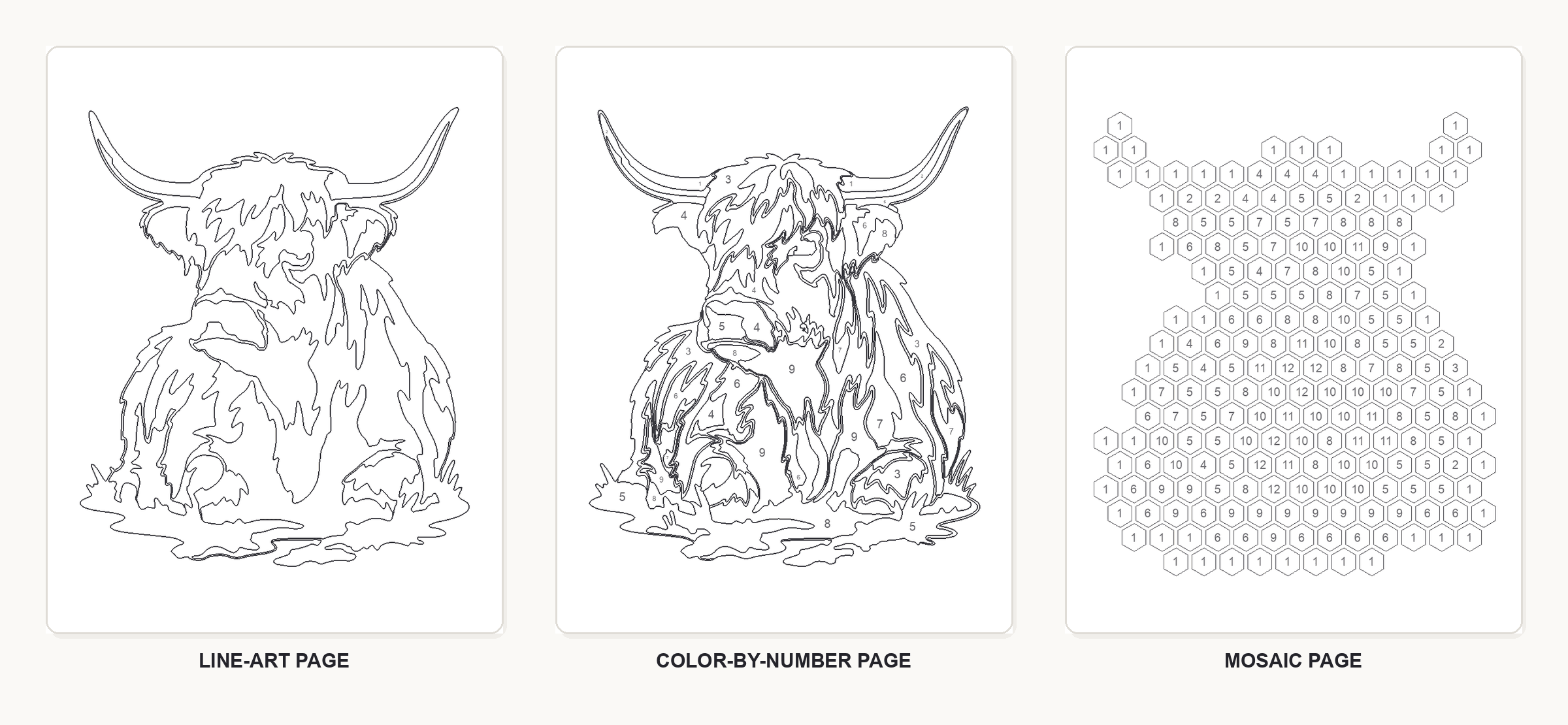 The same subject as a line-art coloring page, a color-by-number page, and a mosaic-style coloring page