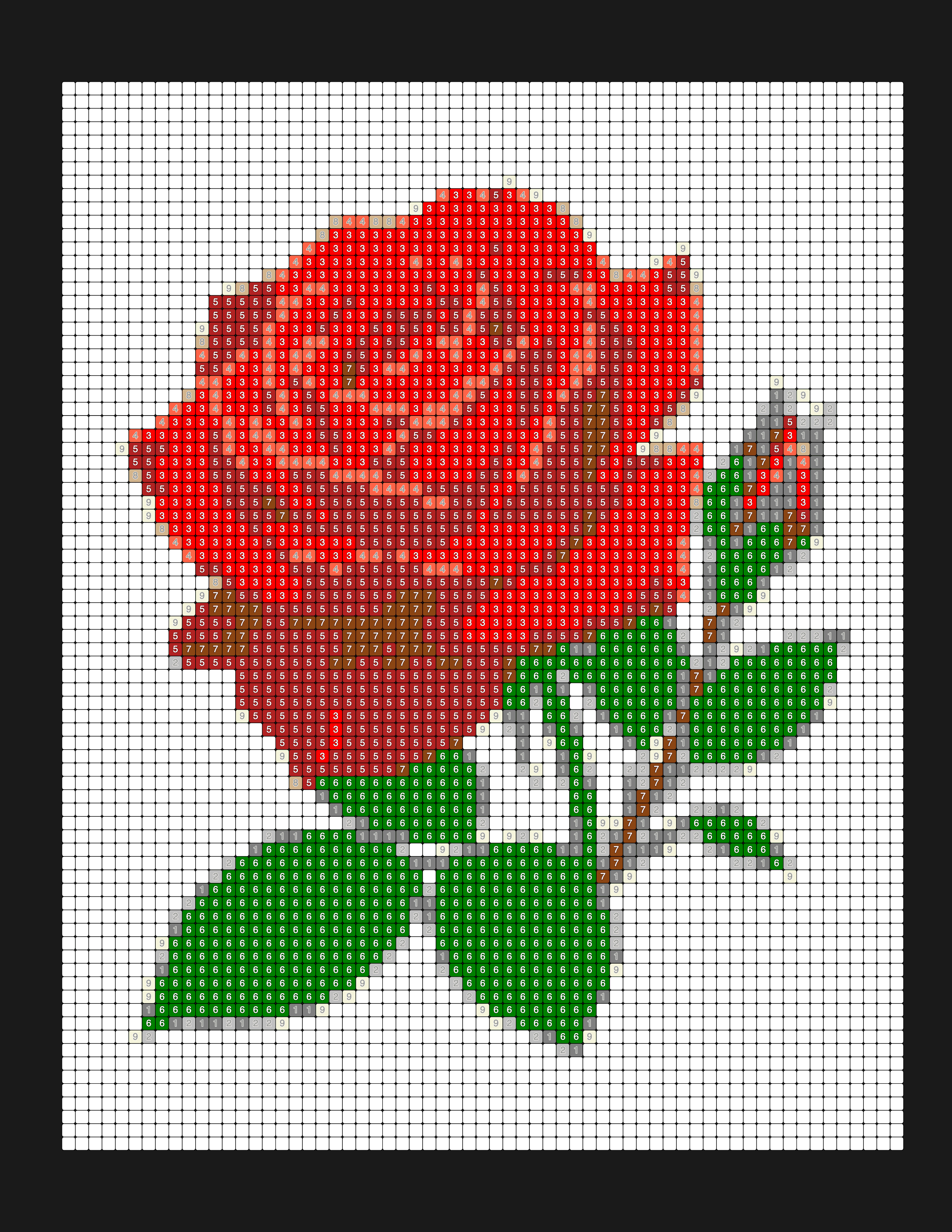 Red rose original photo converted into a color-by-number square mosaic grid — 9 colors, numbered cells