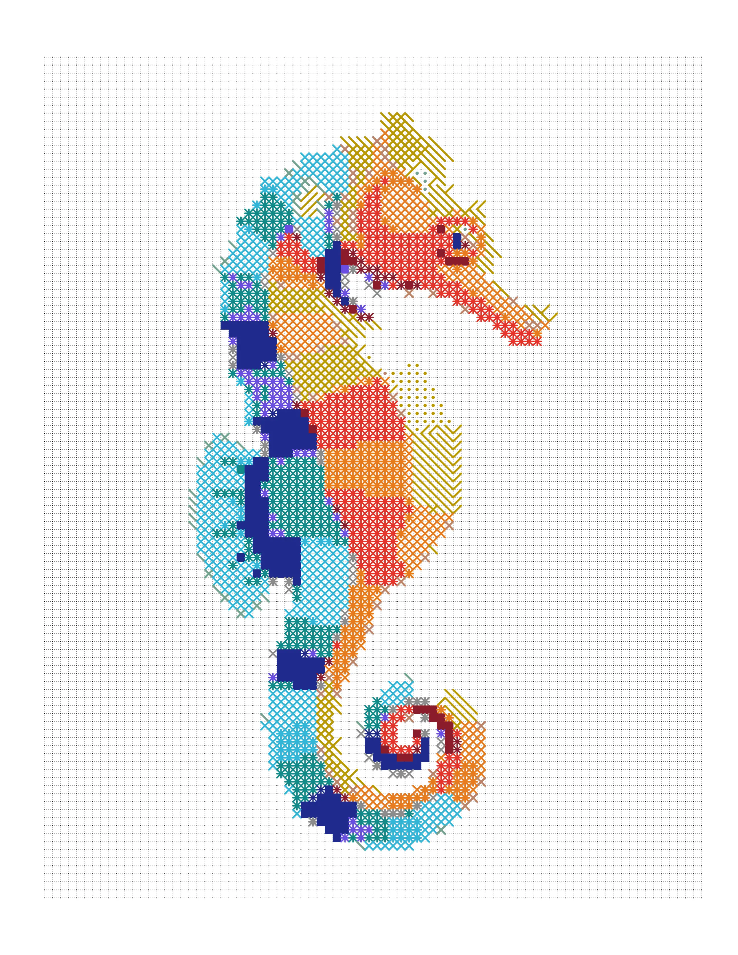 Seahorse colored-marks page with each mark drawn in its own color