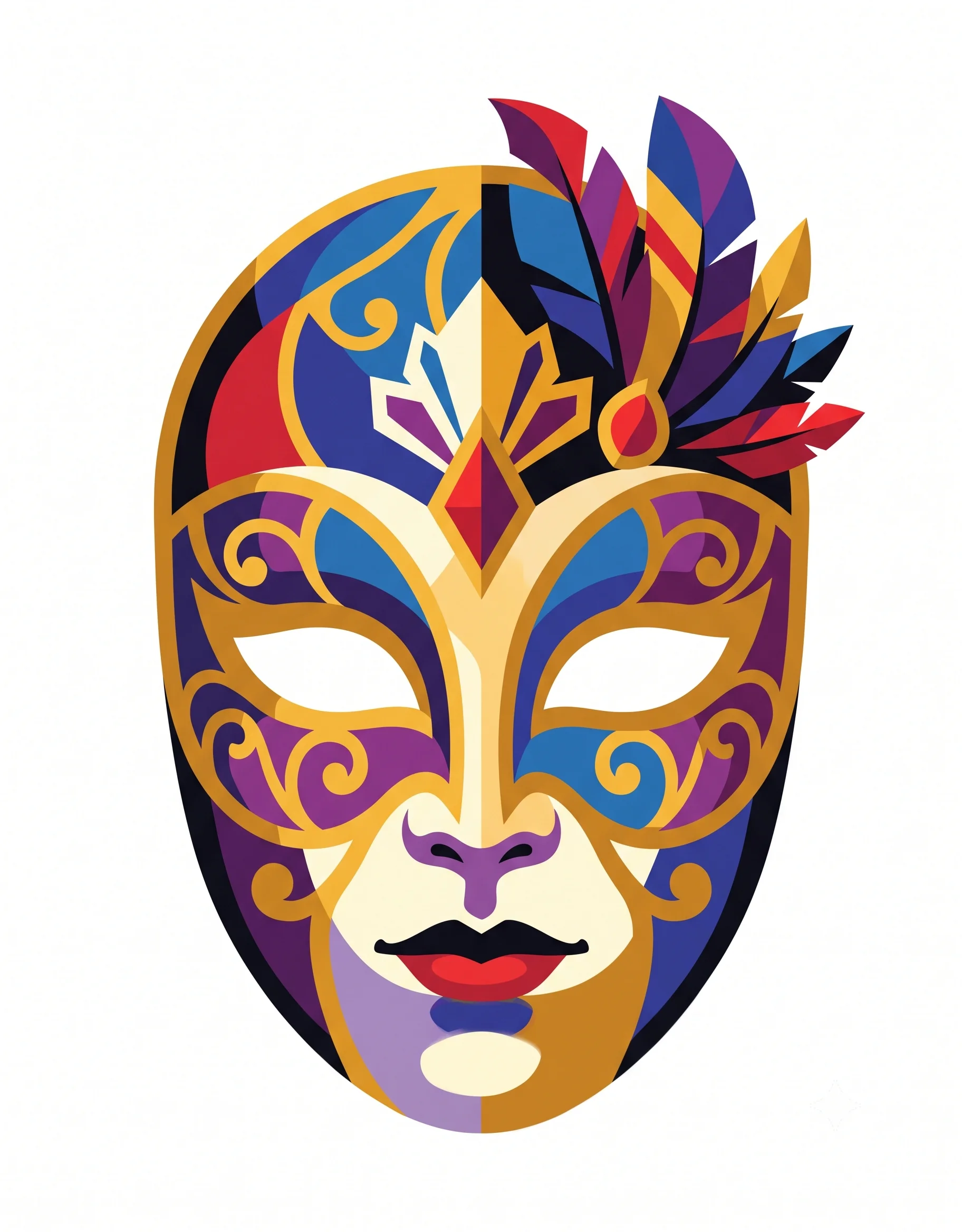 Original carnival mask illustration with gold scrollwork and feathers