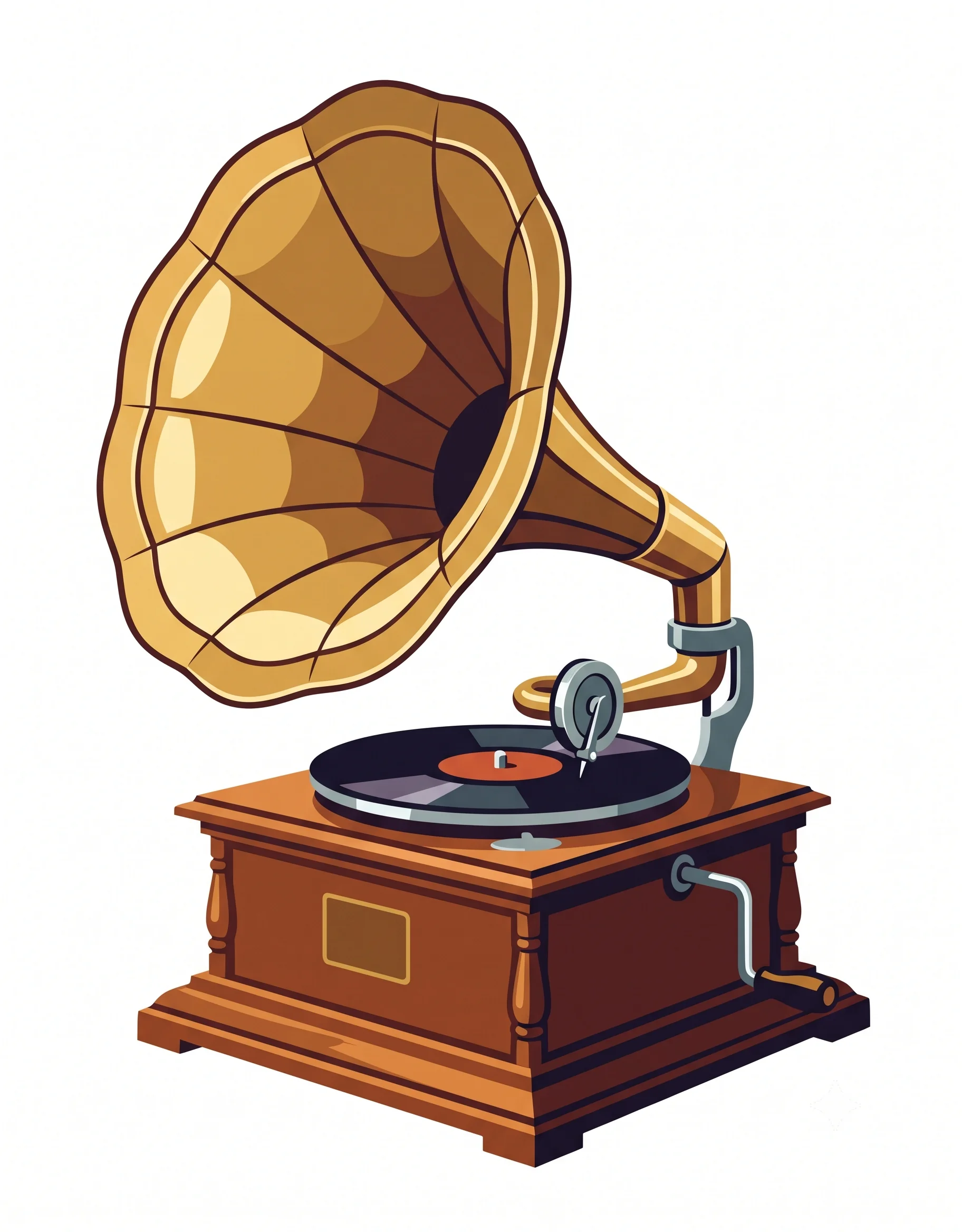 Original antique gramophone illustration with brass horn and wooden case