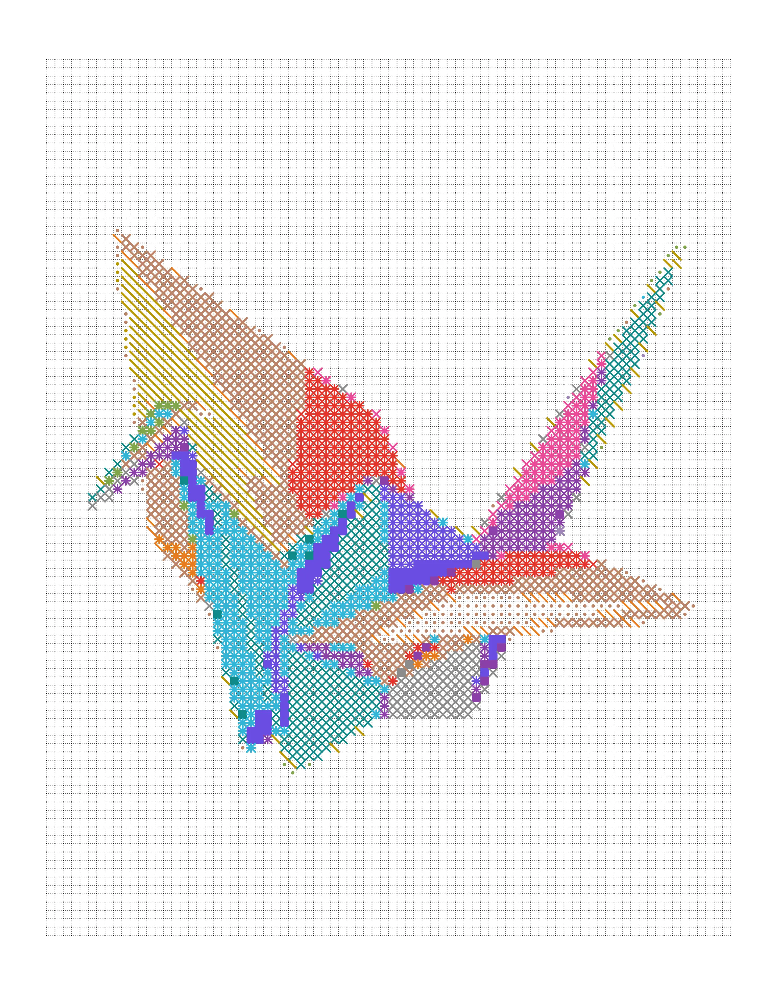 Origami Crane colored-marks page with each mark drawn in its own color