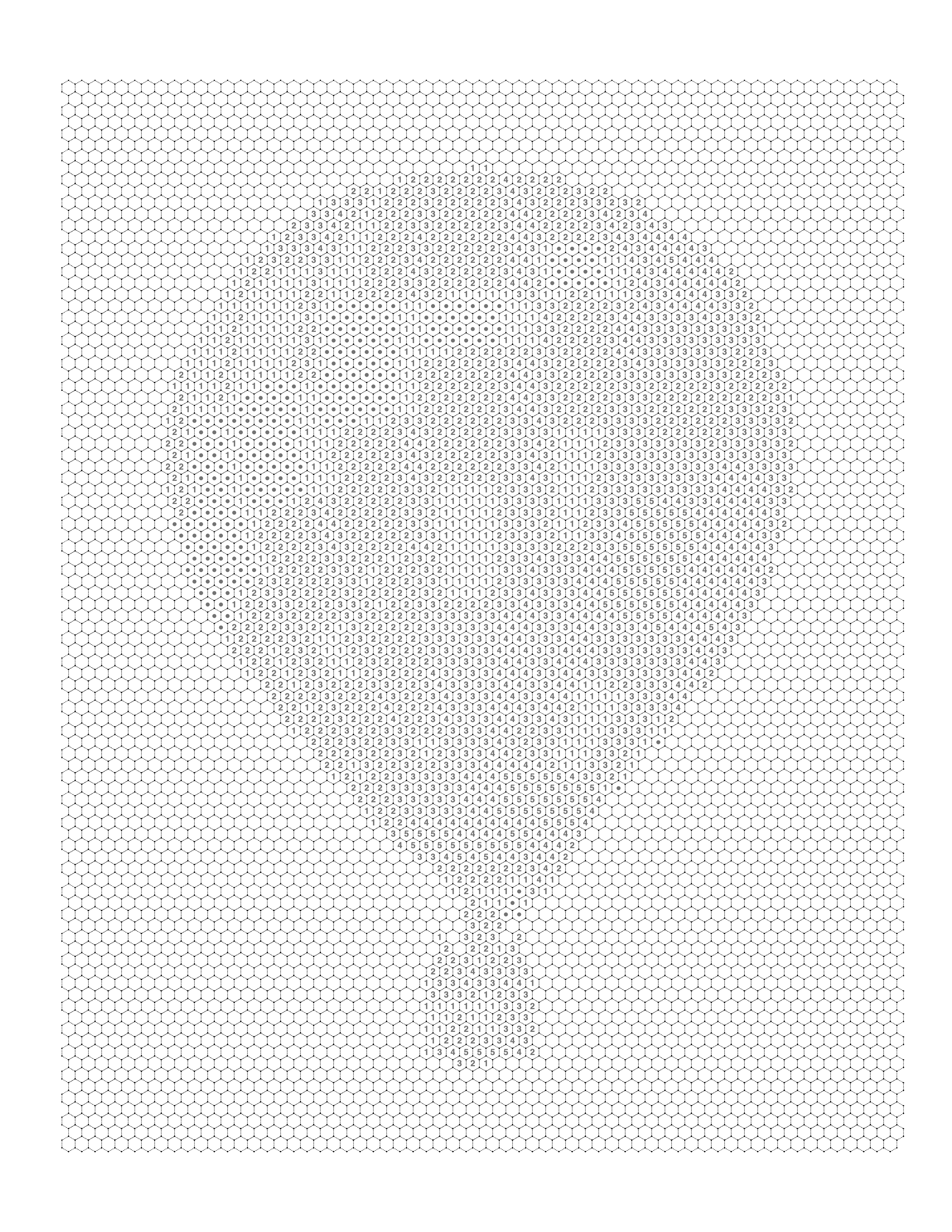Hot air balloon rendered as a square-pattern monochrome color by number, blank grid next to the completed colored version